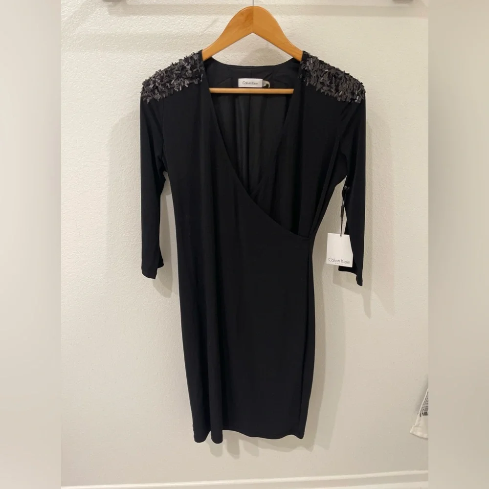 Calvin Klein shoulder sequin black dress 6
